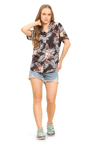 Image of Womens Casual Shirt Soft Beach Shirts Floral Tropic Print V Neck T-Shirt Short Sleeve Button Up Tops