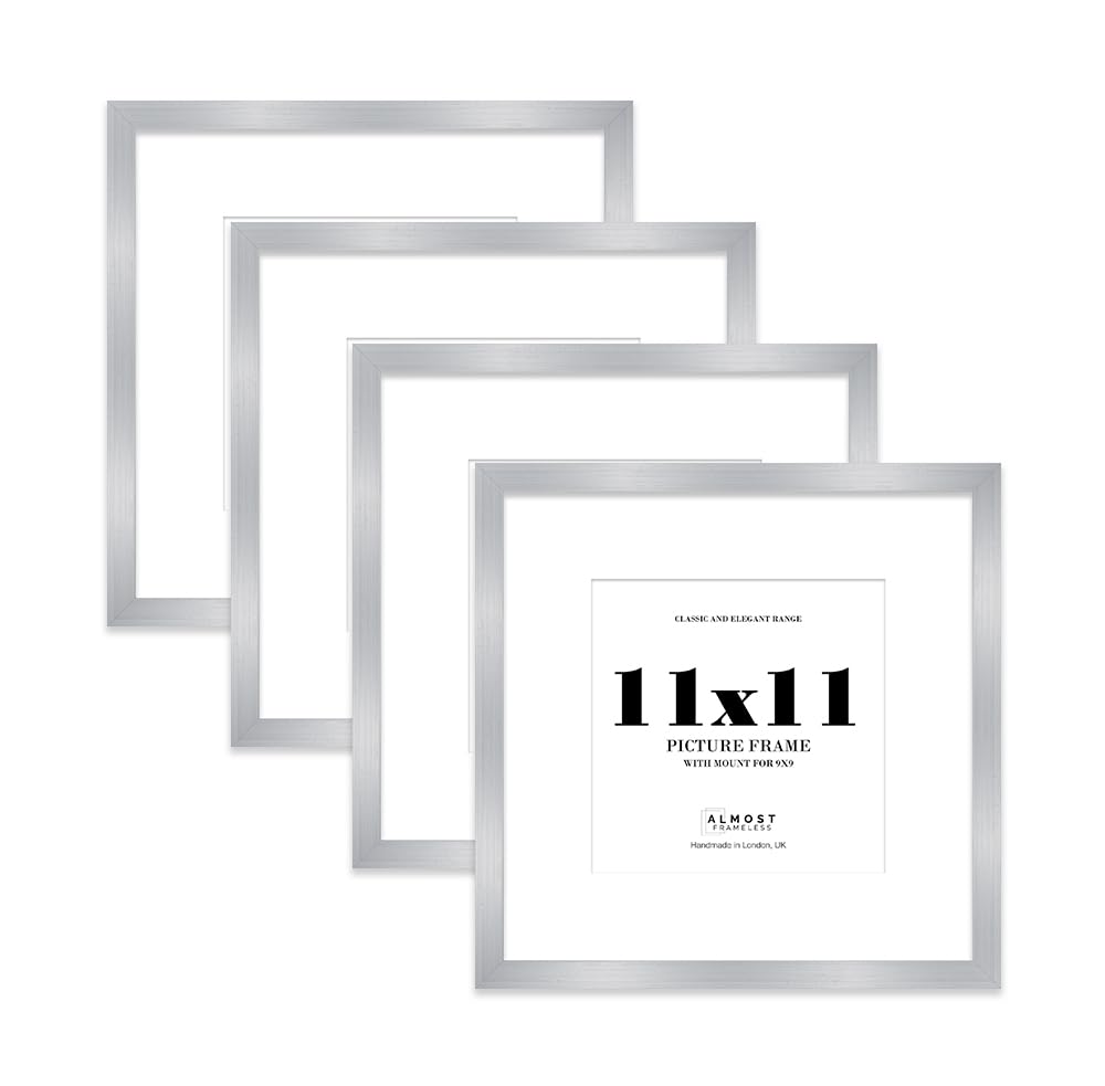 11x11 Silver Picture Frame with Mount for 9x9 Photos, Prints - Modern Square Wall Frame, Set of 4