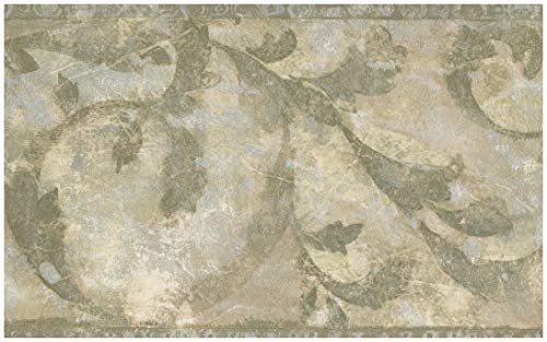 Wall Border - Faux Distressed Abstract Green Vines Wallpaper Border Retro Design, Prepasted Roll 15 Ft. X 7 In. #TOP27