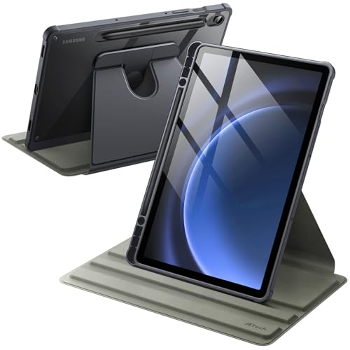 JETech Rotating Case for Samsung Galaxy Tab S10 Lite / S10 FE / S9 FE 10.9-Inch / S9 11-Inch with S Pen Holder, 360 Degree Rotation Protective Stand Cover Clear Back, Auto Wake/Sleep (Gray)