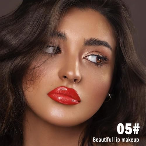 Image of evpct Bright Fire Red Shiny Longwear No-Budge Liquid Lip Color Lipstick Makeup, Highly Pigmented Color Instant Shine, Waterproof Long Lasting Lipstick Women Lip Stain Gloss with Lip Liner Brush, 05#