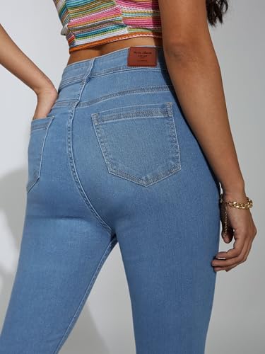 Image of Miss Chase Women's Skinny High Rise Cropped Fringed Hemline Detailing Stretchable Denim Jeans