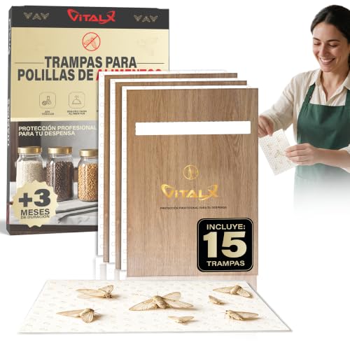 VITALX® Pack Ahorro 15 Trampas Polillas Alimentos | Sin Toxicos | Seguro Despensa y Cocina | +3 Meses | Trampa Polillas | Antipolillas Comida | Atrapa Polillas | Eliminar Polillas | con Feromona