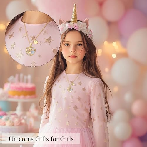 C-leen Unicorn Gifts for Girls Kids - Colorful CZ Heart Initial Necklaces Unicorn Necklace for Girls Jewelry Christmas Birthday Gifts for Little Girl2