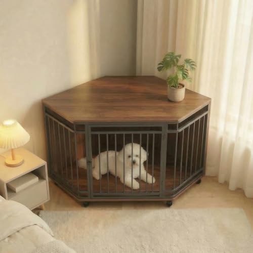 VOWNER Ecke Hundekäfig, Holz Hundebox mit abschließbarer Tür, Möbelstil Haustierbox für Zuhause, Leicht zu reinigen und platzsparende für kleine/mittlere Hunde, 110 X 66 X 60 cm, Dunkles Walnussholz
