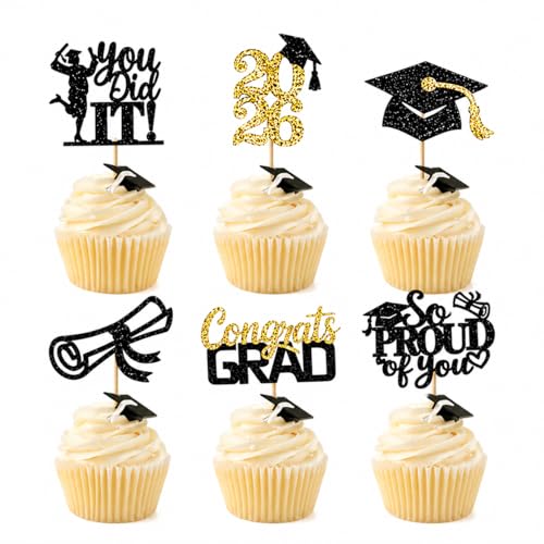 6pcs Graduation Cupcake Toppers Class of 2026 Congrats Grad Gold Glitter Black School Nursery Tableware End of Term Celebration Baking Sweets Muffins Decoration Table Setting