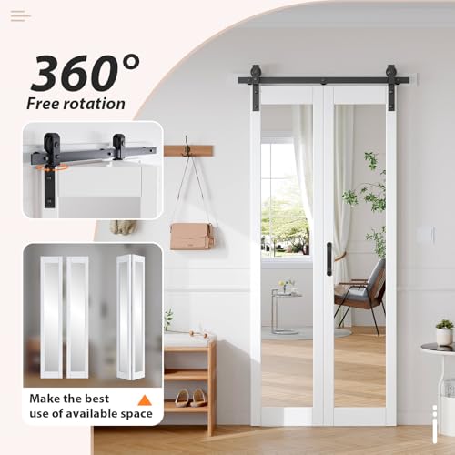 Image of FREDBECK Bifold Barn Door 36x84 (Double 18x84) with 1 Lites Mirror,Bi-fold Closet Doors Hardware Kit Included,40 inch Track for 2 Doors, PVC, White,for Living Room, Bathrooms, Kicthen
