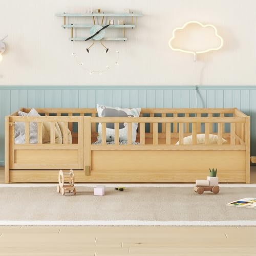 Image of Bellemave Twin Size Kids Montessori Floor Bed with Slats,Solid Wood Floor Bed Frame with High Fence and Door for Kids,Girls,Boys,Twin,Natural