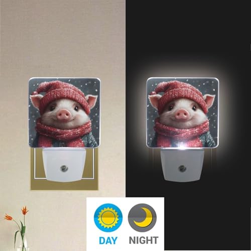 Image of Christmas Pig Night Lights 2 Pack Plug-in Wall Led Nightlight Auto Dusk-to-Dawn Sensor Lamps for Bedroom Kitchen Bathroom