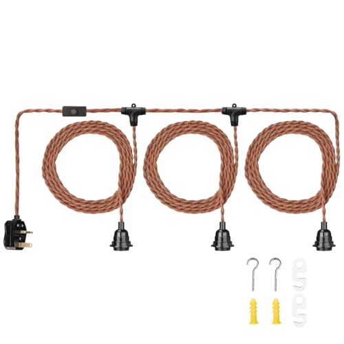ktjes 3 Lights Plug in Pendant Lighting, 6.7 Meters Brown Twisted Braided Wire Pendant Light Fitting with Plug E27 Lamp Holder UK Plug, FNG-008 - Cosy Home Interiors ktjes 3 Lights Plug in Pendant Lighting, 6.7 Meters Brown Twisted Braided Wire Pendant Light Fitting with Plug E27 Lamp Holder UK Plug, FNG-008 - Image 2