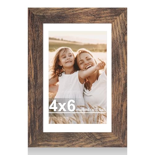 Hongkee 4x6 Picture Frame with Glass, Display Pictures 3.5x5 with Mat or 4 x 6 without Mat - Wall and Tabletop, 4 by 6 Photo Wooden Frames (Rustic Brown, 1 Pack)