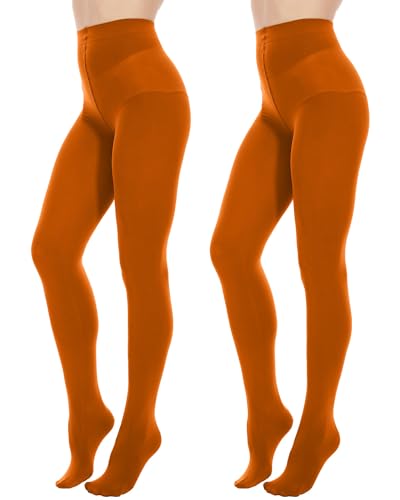 Citystl 2 Pairs 80D Opaque Orange Tights for Women, Tummy Control Pantyhose