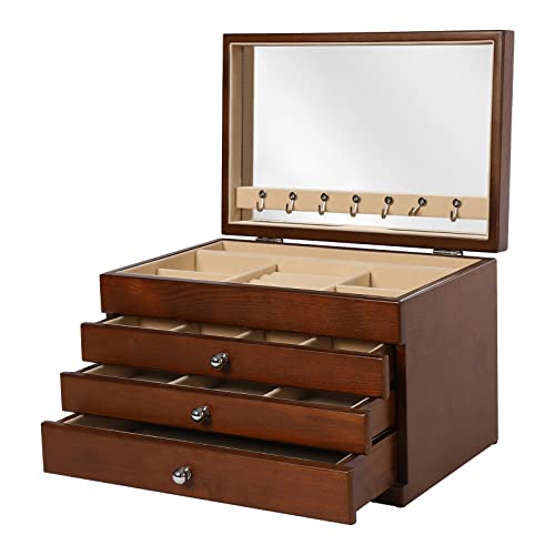 Joyero de la serie con espejo, organizador de joyas de 4 capas de agujero macizo, 3 cajones para anillos, pendientes, pulseras, collares (color madera)