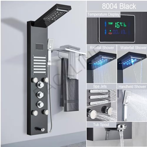 Image of Backline 7 in 1 Thermostatic Shower Panels For Bathroom SS 304, Multifunction Shower System With LED & Hot & Cold Water | Hand Shower | Body Mist Spray | Water Spout (Black Glossy)