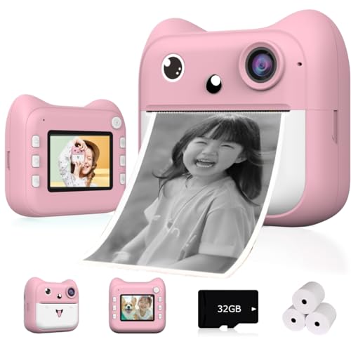 Instant Print Camera for Kids, Kids Camera Instant Print Children's Day and Birthday Fun Gift, 1080P Selfie Digital Camera with Print Paper & 32G Card for 3 4 5 6 7 8 Years Old Boys and Girls (Pink +)