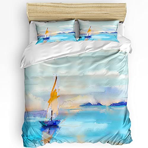 Cycoshower Duvet Cover Set Queen Size 3 Pieces Quilt Cover With Zipper Closure Oil Painting Colorful Boat With Blue Sky White Clouds And Sea 1 Duvet Cover 116X90 In And 2 Pillow Shams 20X30 In #TOP25