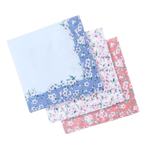 Teron Lot de 3 mouchoirs en coton pour femme - Imprimé floral - Doux - Carré - Vintage - Pour fête de mariage