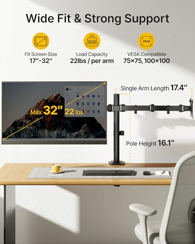 Image of monTEK Heavy-Duty Dual Monitor Stand for 17-32 inch, 22 lbs Each | Adjustable dual monitor mount, full-motion arms, clamp /grommet bases, cable management and VESA 75 /100