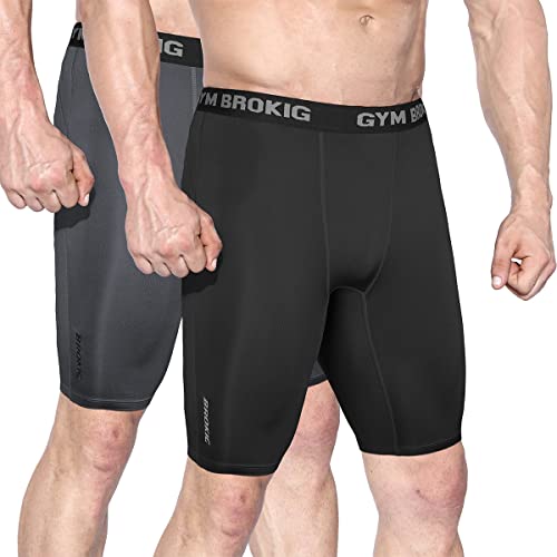 BROKIG 2 Pack Mens Gym Compression Shorts,Light Performance Base Layer Shorts for Men's Quick Dry Tight Sports Shorts（BKDGY,M