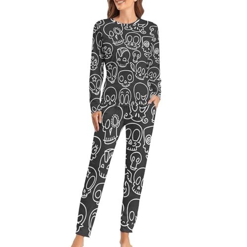 Ensemble pyjama femme crânes noirs blancs vêtement de nuit sleepwear pantalon t-shirt manches longues