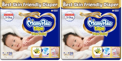 Image of Mamypoko New Baby| Tape Style Baby Diapers, 28 Count, 3-5kg||2x Instant Absorption| Soft stretchy fit |Natural Extracts for Nourishment | Loose Stool Stopper, Wetness Indicator (Pack of 2)