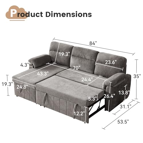 Tbfit 84'' Sleeper Sofa Bed, 3 in 1 Cloud Pull Out Sofa Couch with USB & Storage Chaise, Chenille Convertible Sofa Bed with Pull Out Bed, Couches for Living Room, Apartment, Office, Light Grey — view 2