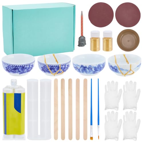 WEBEEDY 2 Set di Riparazione Kintsugi Dorato per Principianti Kit Arte di Riparazione Giapponese con Tazze di Ceramica Allenamento Colla per Riparare Ceramica Significativamente Rotto Vetro