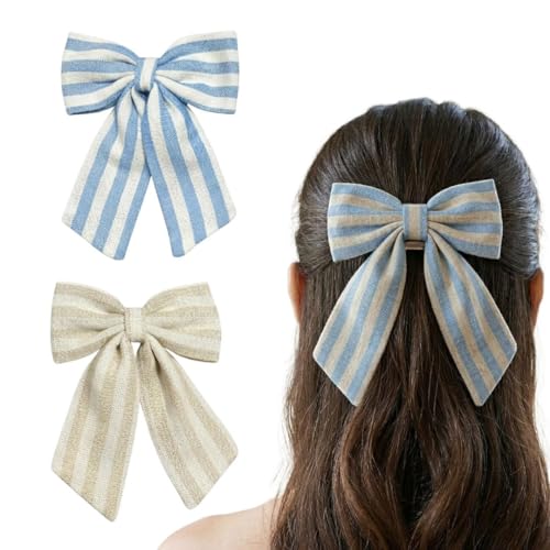 Image of Radhu & Kabby Premium Fabric Hair Bow Clip for Women & Girls | Cute Striped Cotton Bow Hair Accessory