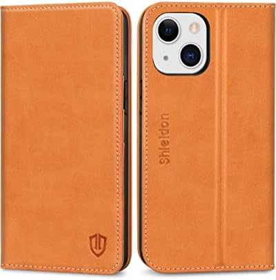 SHIELDON Case for iPhone 13 5G, Genuine Leather Durable Flip Wallet Kickstand RFID Blocking Credit Card Holder Magnetic Shockproof Protective Case Compatible with iPhone 13 (6.1" 2021 Release) - Brown