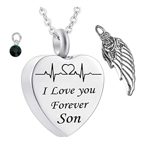 Hoisy Urns for Ashes Necklace for Men, Memorial Necklace Heart ECG I Love You Forever Son Silver 50X2cm Cover