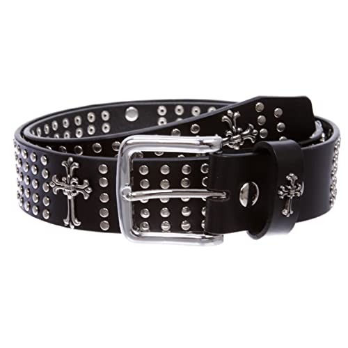 1 1/2" Snap On Riveted Christian Religious Cross And Circle Studded Leather Belt, Black | 42" #TOP8