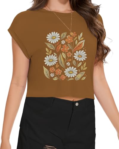 Image of Womens Crop Tops Summer Roll Cap Sleeve Cropped Tshirt Loose Fit Basic Tees