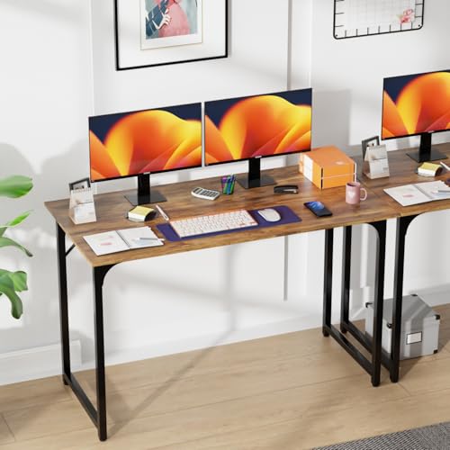 Image of PayLessHere | 47 Inch Computer Desk | Brown | Office Desk with Metal Frame, Adjustable Feet | Water-Resistant, Scratchproof Surface | Sturdy Writing Table for Home Office or Study | Pack of 2