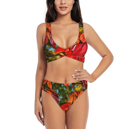 Maillot de bain imprimé feuilles rouges pour femme : ensemble deux pièces