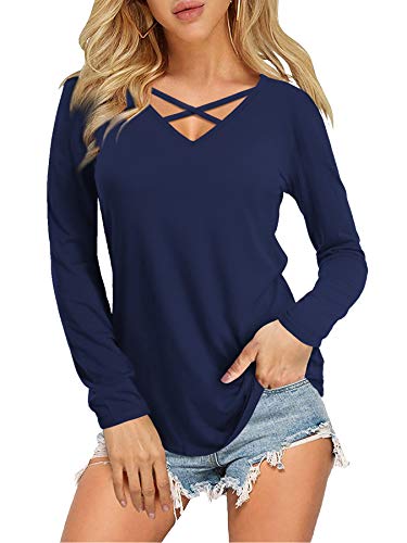 DittyandVibe Women's V Neck T Shirt Long Sleeve Loose Casual Tops, Dark Blue, Small