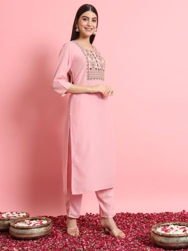 Image of VredeVogel Women's Silk Blend Embroidered Kurta with Pant & Viscose Print Dupatta Set