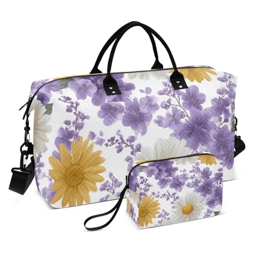 White Daisies and Purple Flowers Travel Duffle Bag, Large Weekender Overnight Bags for Women Men Waterproof Carry on Shoulder Tote Bags for Hospital Maternity Mommy Gym with Toiletry Bag