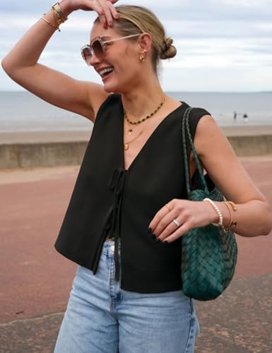 Women's Tie Knit Vest Crochet Sleeveless Open Front Cardigan Sweater Vest Top2