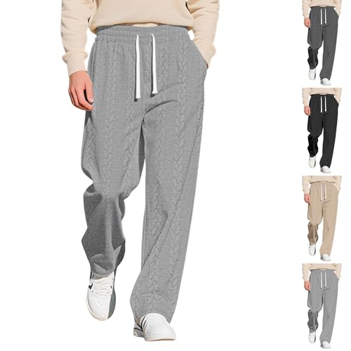 Elastic Waist Casual Pants Men Relaxed Fit Big and Tall Pants Drawstring Straight Leg Slacks Jacquard Split Hem Trousers