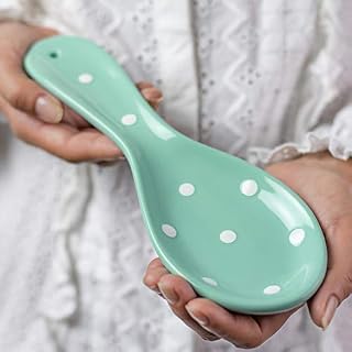 City to Cottage® Teal Blue and White Polka Dot Spotty Handmade Hand Painted Ceramic Kitchen Cooking Spoon Rest | Utensil Holder