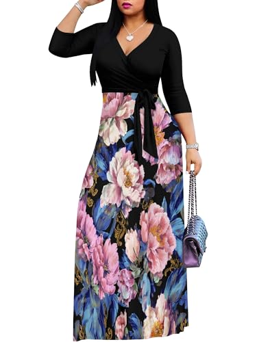 Image of PinkPatty Plus Size Dresses for Curvy Women V Neck Flowy Long Sleeves Wrap Maxi Dress Travel Vacation Outfits