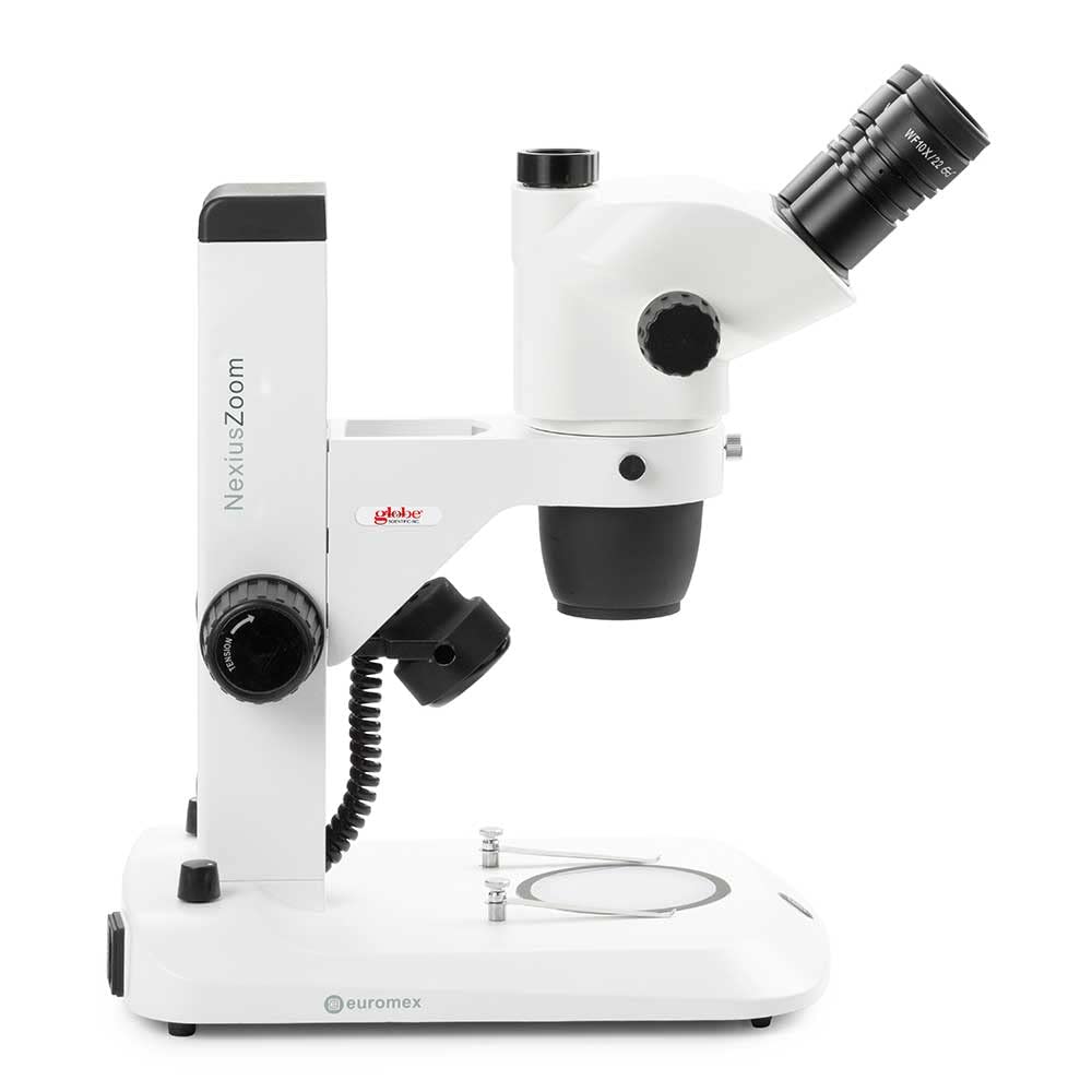 Microscopio Trinocular con Zoom estéreo NexiusZoom EVO, Objetivo de Zoom de 0,65x a 5,5X, Aumento de 6,5X a 55x, Soporte de piñón de Rack incidente e iluminación LED transmitida de 3 W, Globe