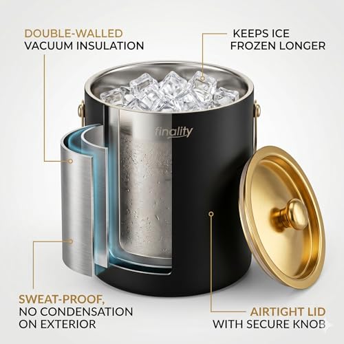 Image of finality Premium Stainless Steel Ice Bucket with Tongs and Jigger - 1 Litre Double Walled Insulated Ice Box for Bar, Home & Parties (Black Gold Mirror IB + Tong + Jigger)