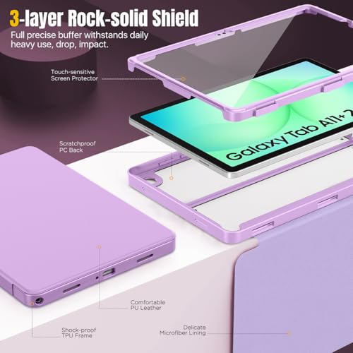Image of MoKo Clear Case for Samsung Galaxy Tab A11+ Plus 5G 11 Inch 2026, Purple | Magnetic Multi-Angle Stand, Built-in Screen Protector, Auto Wake /Sleep, Stain-Resistant Surface, 3-layer Rock-solid Shield