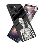 ETLKJVBL for iPhone 15 Case, Skeleton Making Rock Sign High-Definition Painted Glass Back Cover with Soft Silicone TPU Bumper, Shockproof Protective for iPhone 15 Phone Case