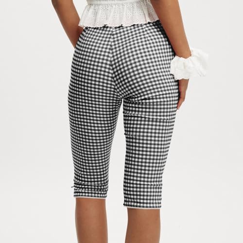 Women's Plaid Print Skinny Capri Pants Seven-Quarter Slim Fit Trousers Y2k Cropped Knee Length Micro Lace Trim Leggings4
