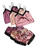 GORGLITTER Women's 6 Piece Silk Satin Pajama Set Contrast Lace Sleeveless Cami Crop Tops Elastic Waist Shorts Lounge Set Sleepwear Multicolor Pink Large