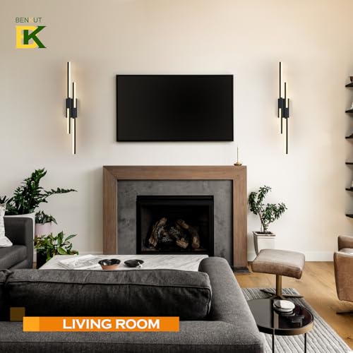 Image of Benkut Modern LED Wall Sconce Black Remote Wall Light Fixtures for Bathroom, Dimmable Vanity Light Indoor LED Remote Wall Sconce for Living Dining Room Bedside Bedroom (3000-6500K 35.4inch)