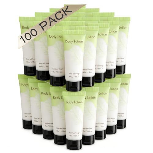 NISGUR Leak-Proof Travel Size Body Lotion 1.1 Fl.oz/ 30 ml Each 100PCS Bulk Pack Hotel Body Lotion Santal and Orange Scent Amenities and Toiletries for Hospitality
