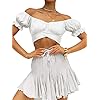 LYANER Women's Ruffle Short Sleeve Tie Up Back Crop Top Off Shoulder Bardot Blouse White Small